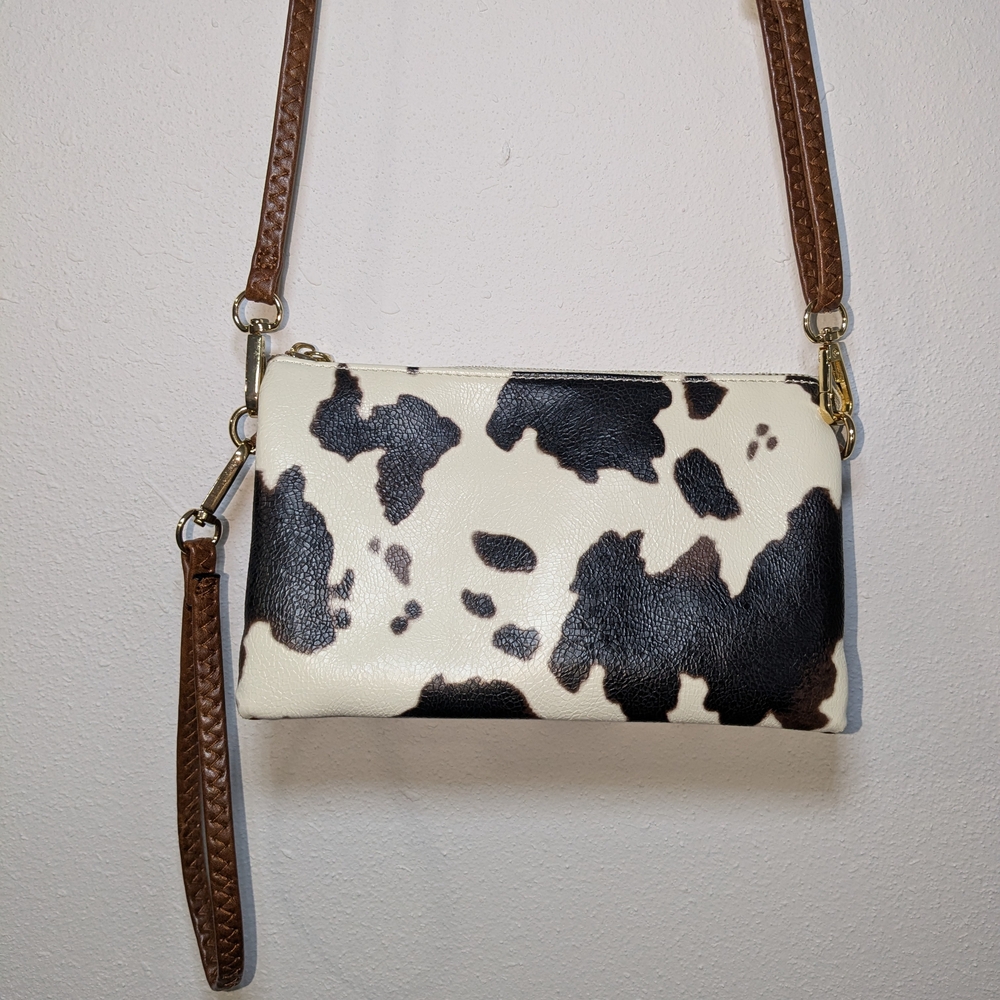 Cow Print Crossbody Bag with Brown Strap